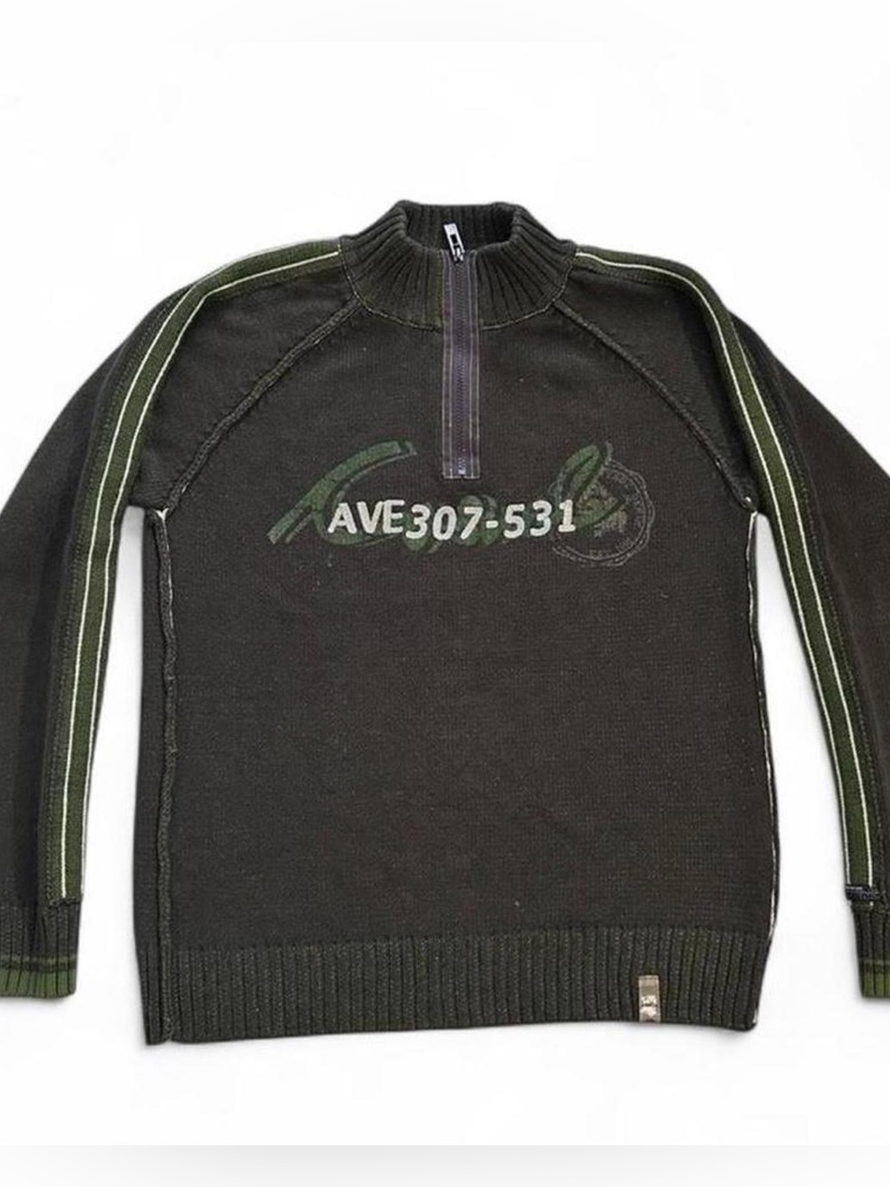 Men's Half-Zip Sweater in Dark Olive with Stripe Details